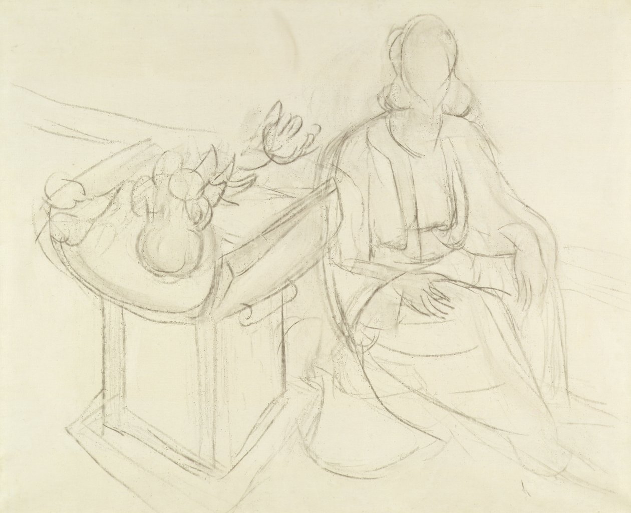 Istuva nainen - asetelma, jossa on kukkia pöydällä (hiili kankaalle) tekijältä Henri Matisse
