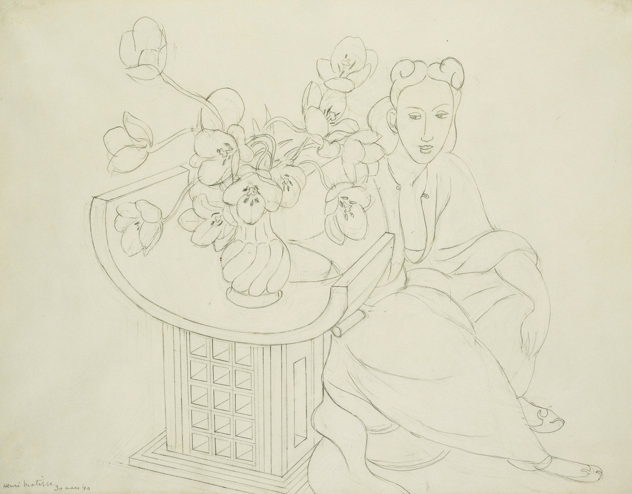 Istuva nainen ja maljakko tulppaanin kanssa tekijältä Henri Matisse