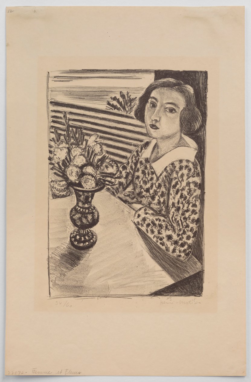 Istuva nuori tyttö kukkakimpun kanssa tekijältä Henri Matisse