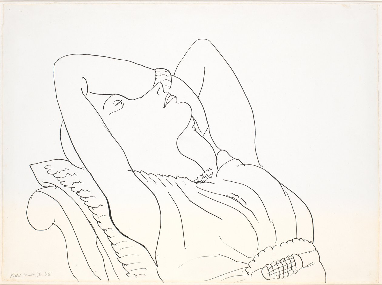 Selkä nojautunut nainen, kädet pään yläpuolella, puolikuva tekijältä Henri Matisse