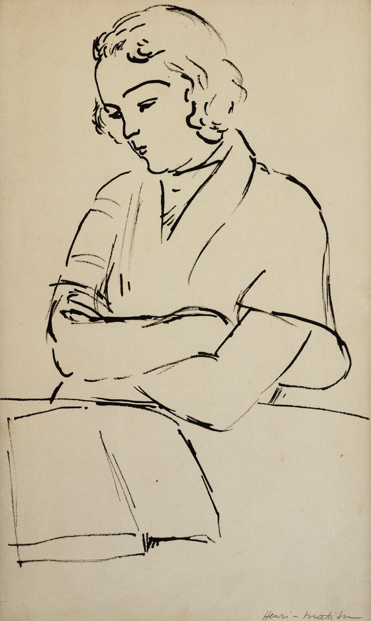 Nainen lukemassa, n. 1922 (kynä ja mustaa tussia paperille). tekijältä Henri Matisse