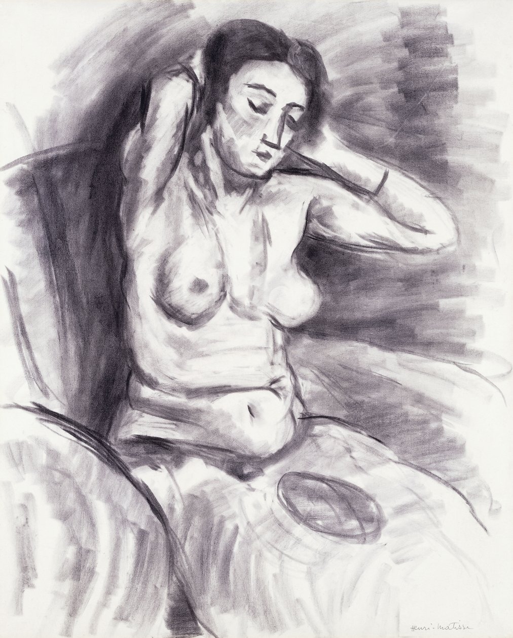 Nainen muotoilee hiuksiaan uudelleen; Femme se Recoiffant, noin 1925 (hiili paperille). tekijältä Henri Matisse