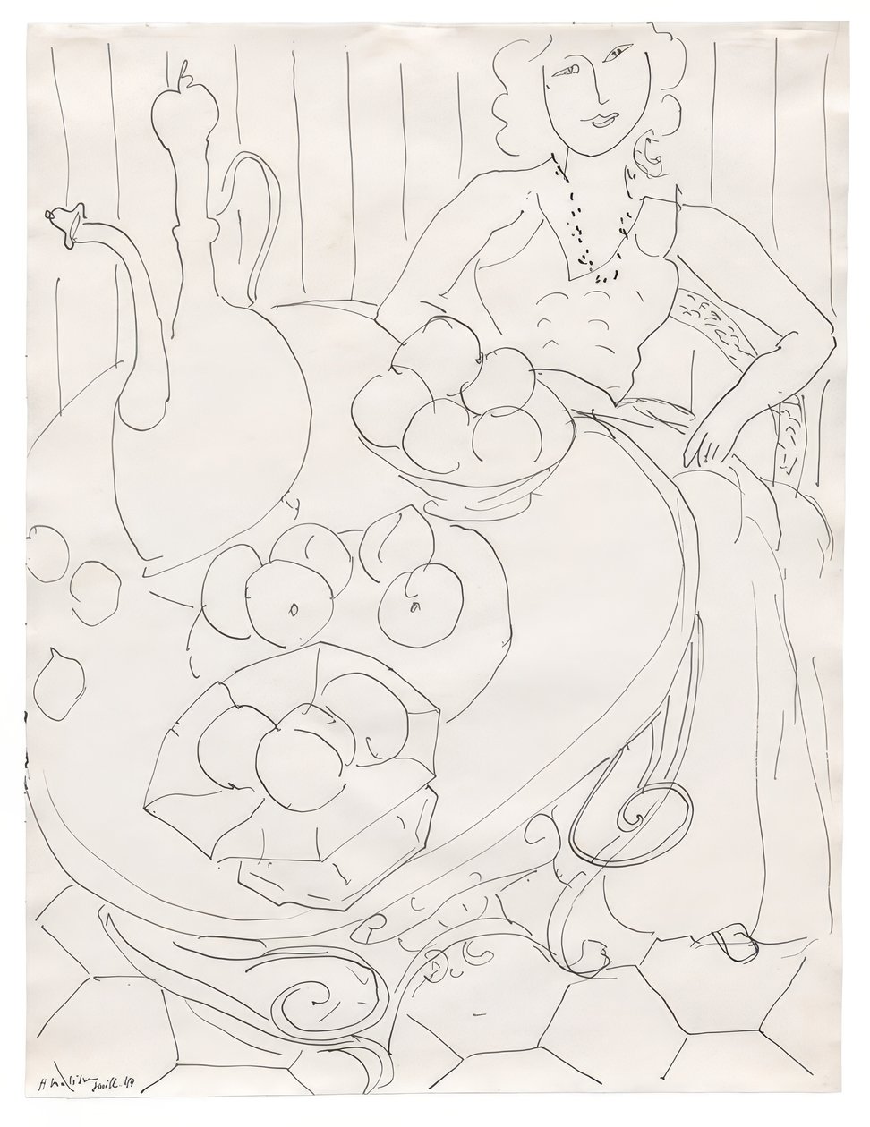 Nainen istuu pöydän ääressä hedelmien ja kannun kanssa tekijältä Henri Matisse