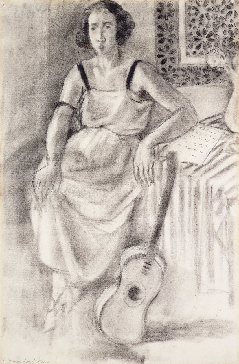 Nainen istuu kitaran kanssa, noin 1921-23 (hiili paperille). tekijältä Henri Matisse