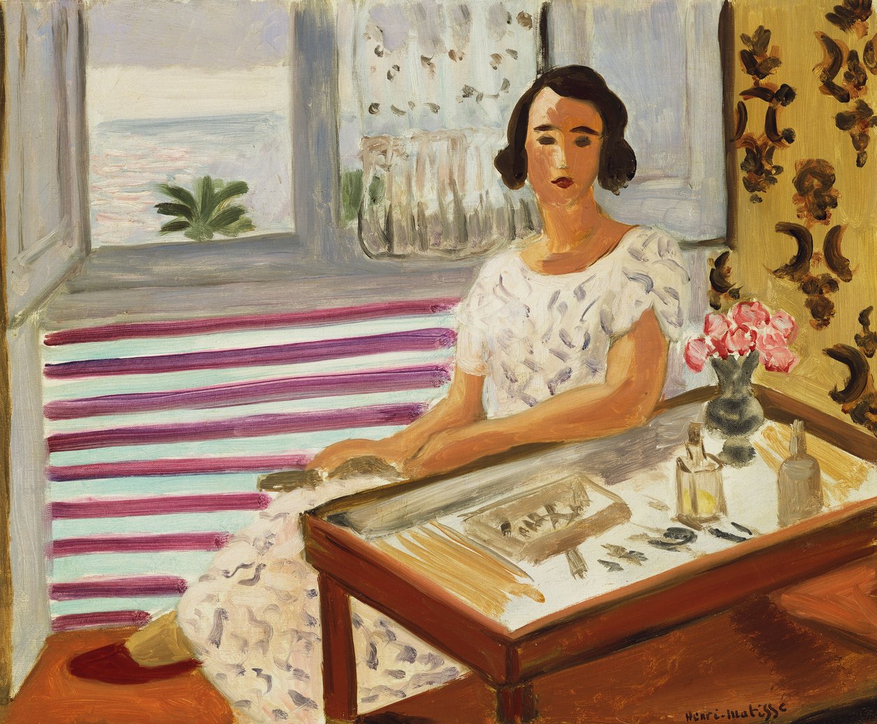 Nainen istuu pukeutumispöydän ääressä tekijältä Henri Matisse