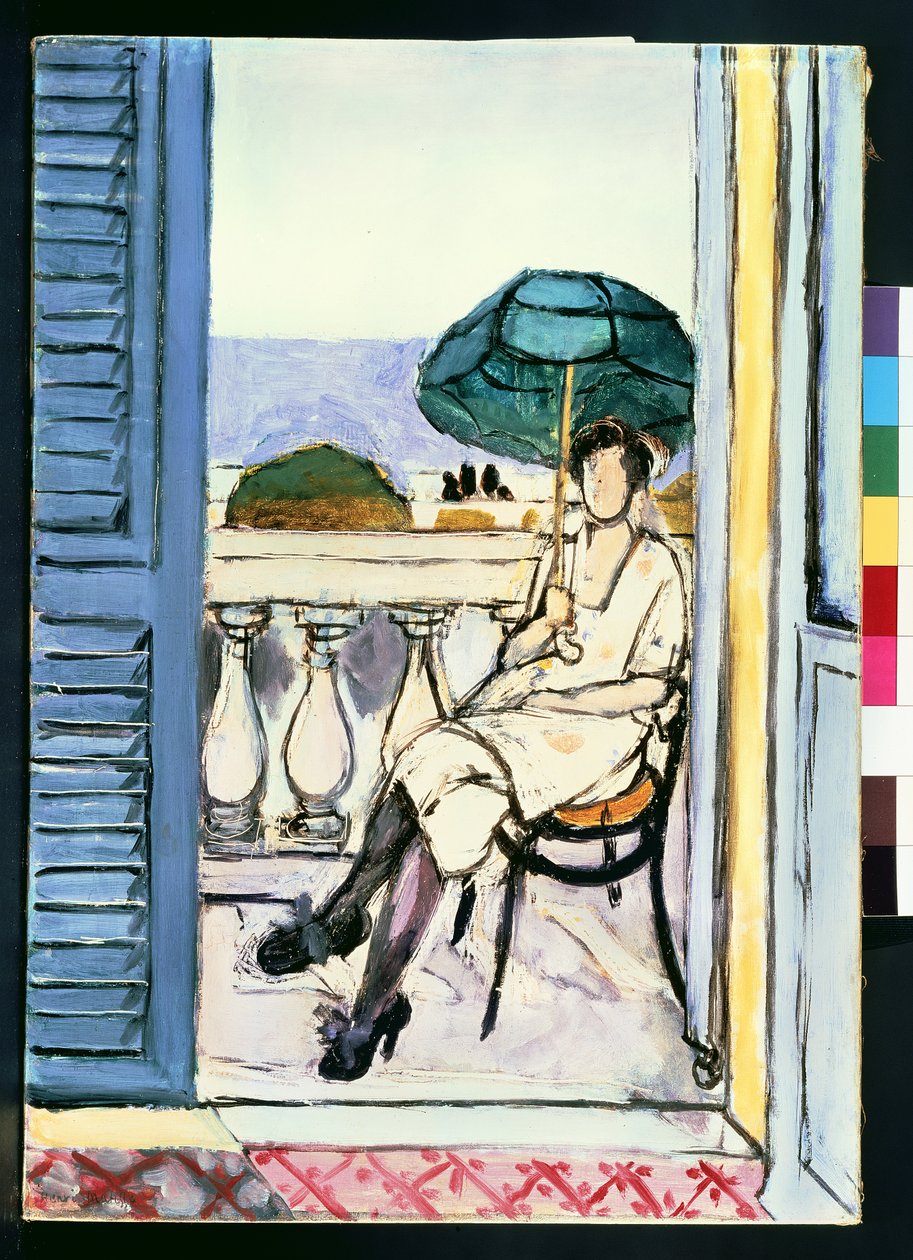 Nainen vihreän aurinkovarjon kanssa parvekkeella tekijältä Henri Matisse