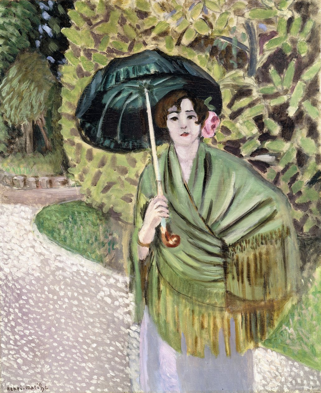 Nainen vihreän aurinkovarjon kanssa tekijältä Henri Matisse