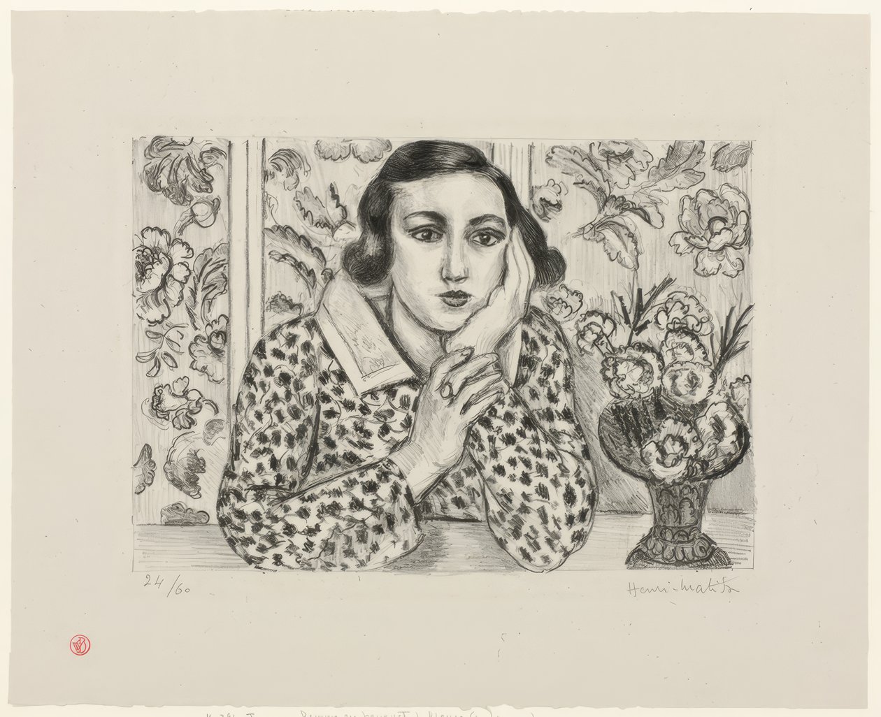 Nuori tyttö nojailee kukkivalla kuvaruudulla tekijältä Henri Matisse
