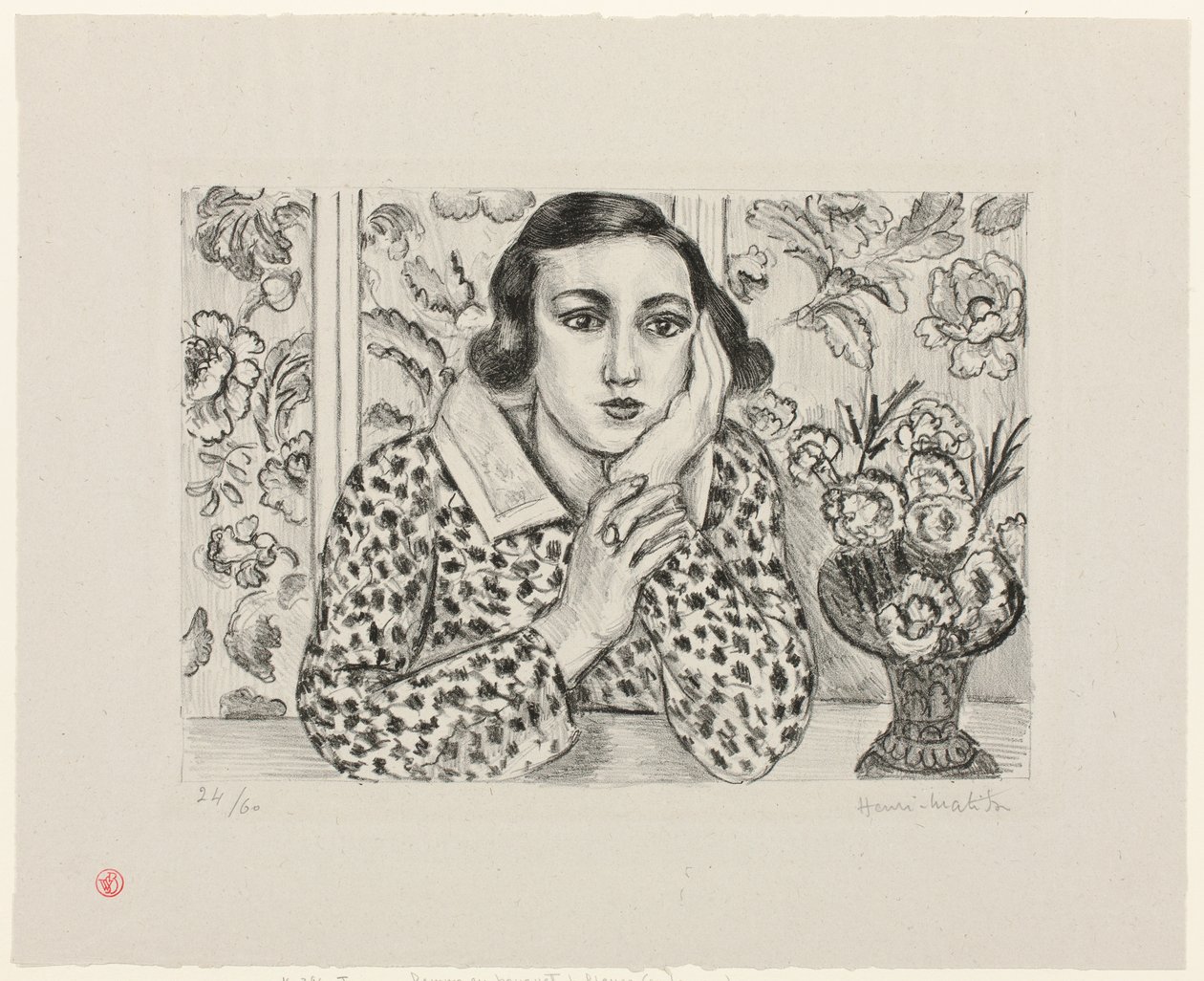 Kukkakuvioisen sermin ääressä nojaava nuori tyttö tekijältä Henri Matisse