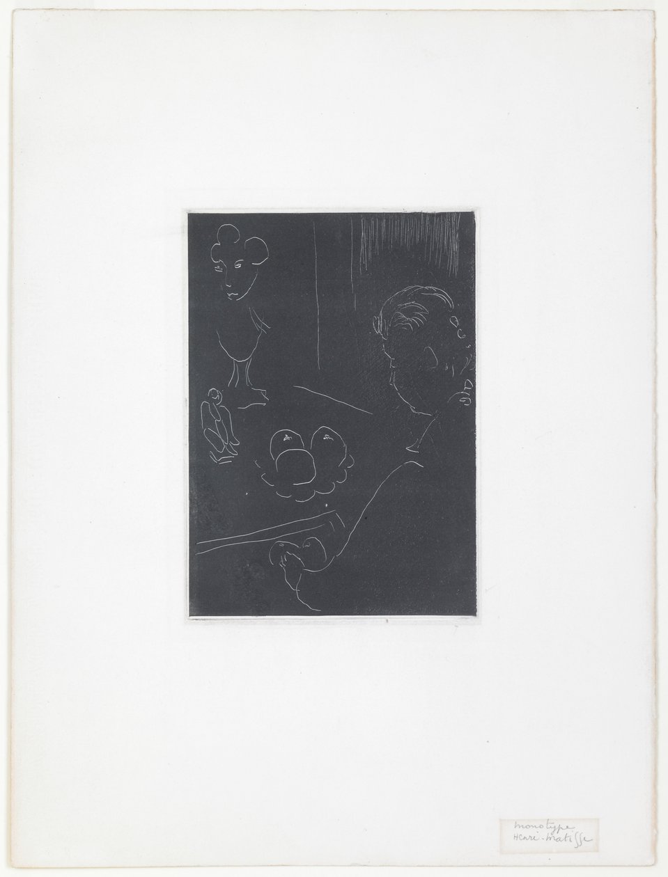 Nuori nainen sisätilassa hedelmien ja veistosten keskellä tekijältä Henri Matisse