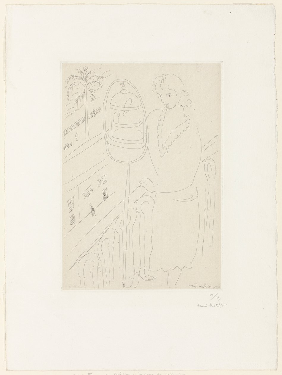 Nuori nainen parvekkeella katselemassa papukaijoja tekijältä Henri Matisse