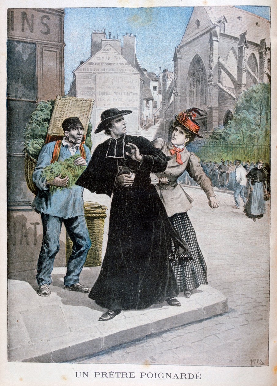 Nainen puukotti katolista pappia kadulla Ranskassa, 1897 tekijältä Henri Meyer
