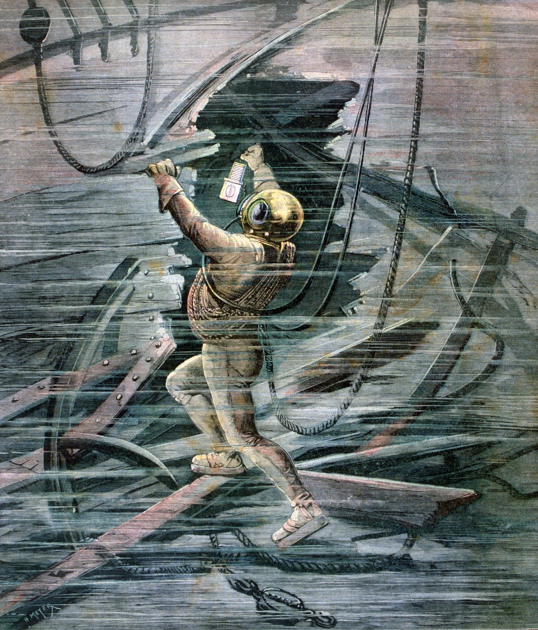 Sukeltaja etsii hylkyä La Havren satamassa, Ranskassa, 1892 tekijältä Henri Meyer