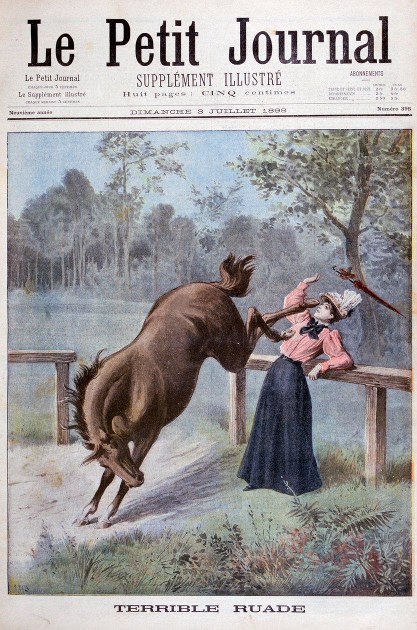 Hevonen potkaisee nuorta naista, 1898 tekijältä Henri Meyer