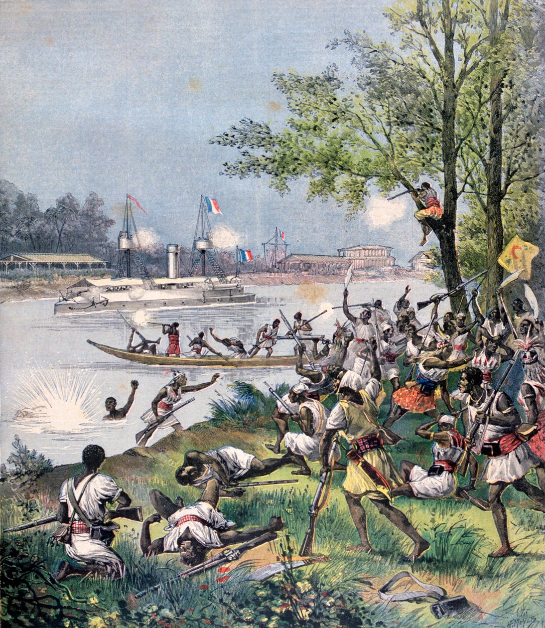 Ranskalaisten hyökkäys Dahomeyn kyläläisiä vastaan, 1892 tekijältä Henri Meyer