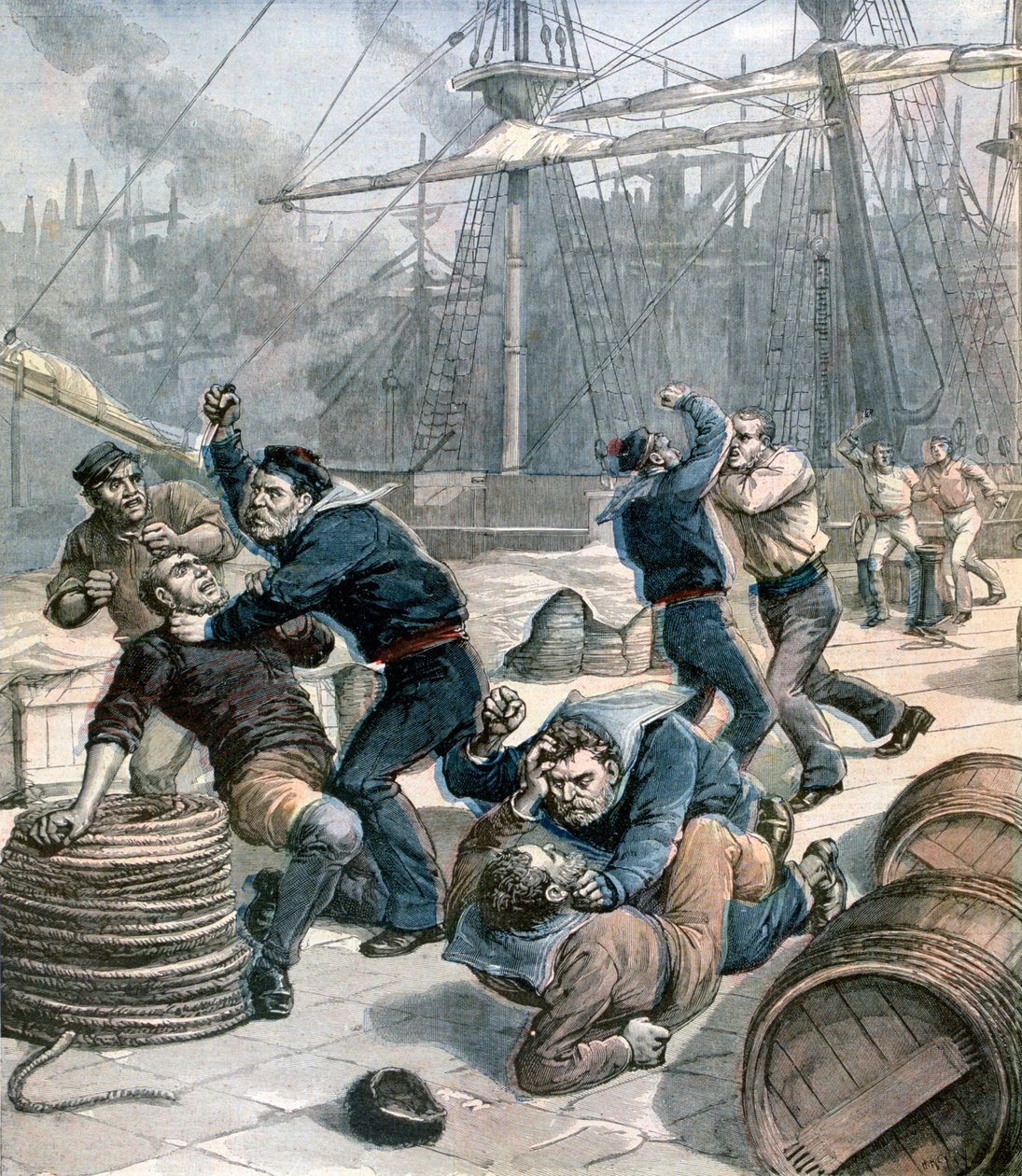 Englantilaisten ja saksalaisten merimiesten tappelu Millwall Docksissa Lontoossa, 1892 tekijältä Henri Meyer