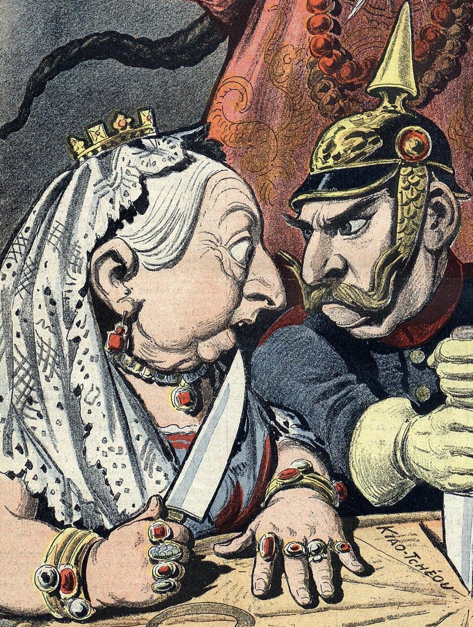 Karikatyyri kuningatar Victoriasta ja karikatyyri Saksan Vilhelm II:sta 16. tammikuuta 1898 yksityiskohta Kiinan imperialismia käsittelevästä pilapiirroksesta (rajattu). tekijältä Henri Meyer