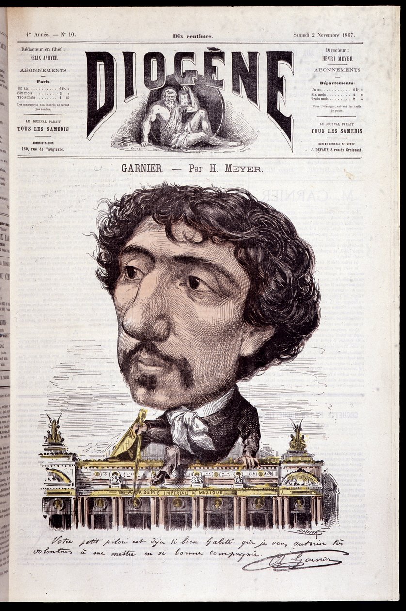 Sarjakuva Charles Garnierista, joka istuu työllään, Opera Garnier - elokuvassa "" Diogenes" 11.2.1867 tekijältä Henri Meyer