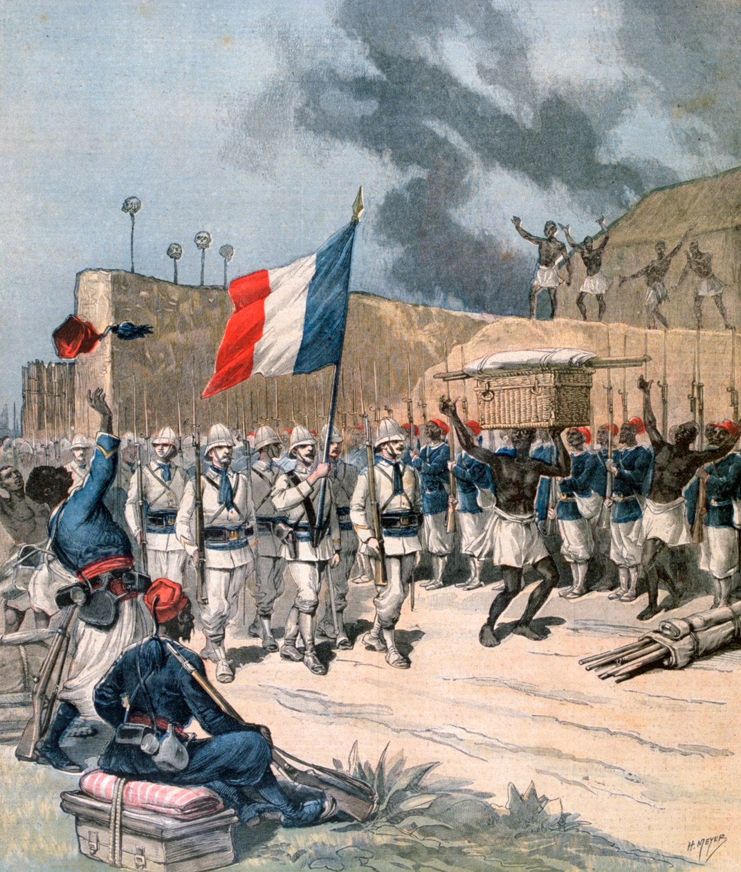 Ranskan armeijan tulo Abomeyssa, Dahomeyssa, Afrikassa, 1892 tekijältä Henri Meyer