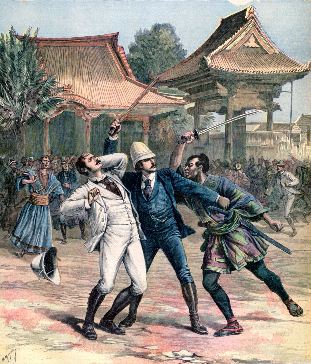 Venäjän Tsarevitš Nikolauksen epäonnistunut salamurha, Otsu, Japani, 1891 tekijältä Henri Meyer
