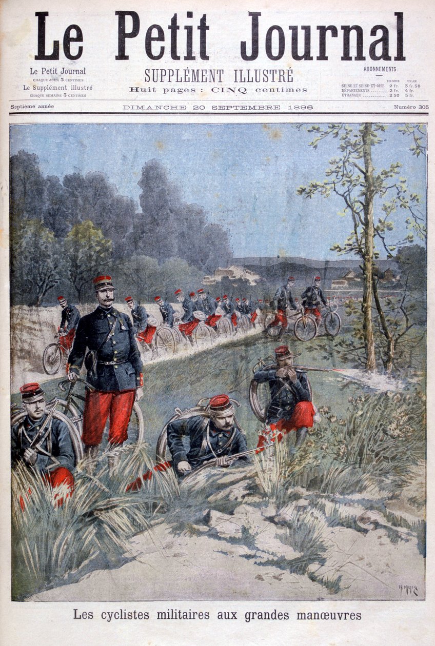 Ranskalainen polkupyöräryhmä sotilasharjoituksissa, 1896 tekijältä Henri Meyer
