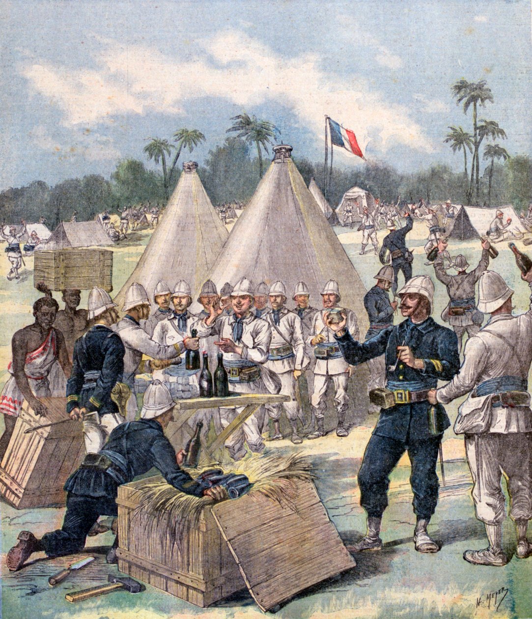 Ranskalaiset sotilaat avaamassa uudenvuoden lahjapakkauksia Dahomeyssa, Afrikassa, 1892 tekijältä Henri Meyer