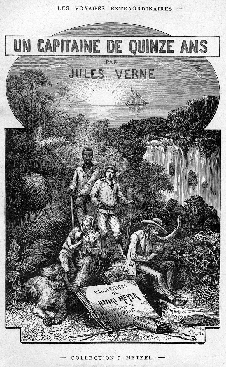 Frontispiece Jules Vernen kirjasta "Viidentoista vuoden kapteeni", Hetzel-painos / Extraordinary Voyages 1878 tekijältä Henri Meyer