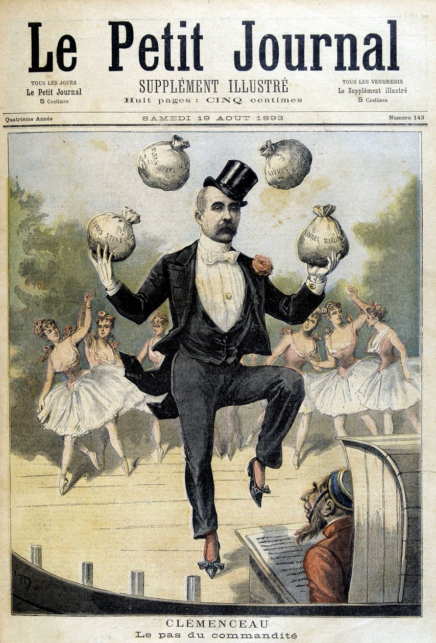 Georges Clemenceau jongleeraa Englannin punnan kanssa - "" Le Petite Journal" -lehdessä 19.8.1893 tekijältä Henri Meyer