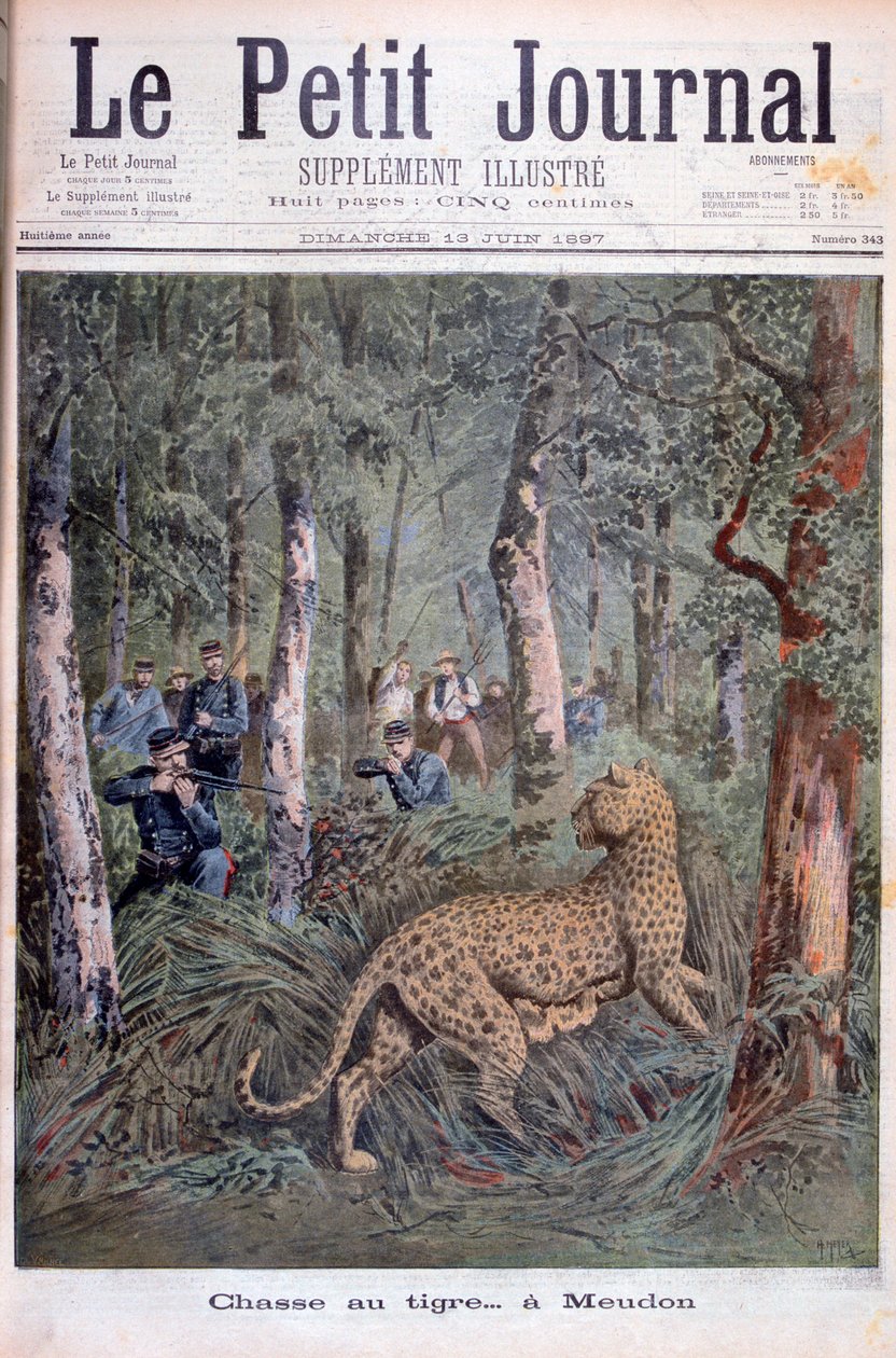 Metsästämässä paennutta leopardia, Meudon, Pariisi, 1897 tekijältä Henri Meyer