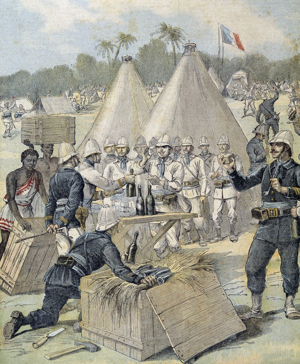 Uudenvuodenlahjat sotilaille Dahomeyssa (nykyisin Benin) - "" Le Petity Journal" -lehdessä 31.12.1892 tekijältä Henri Meyer