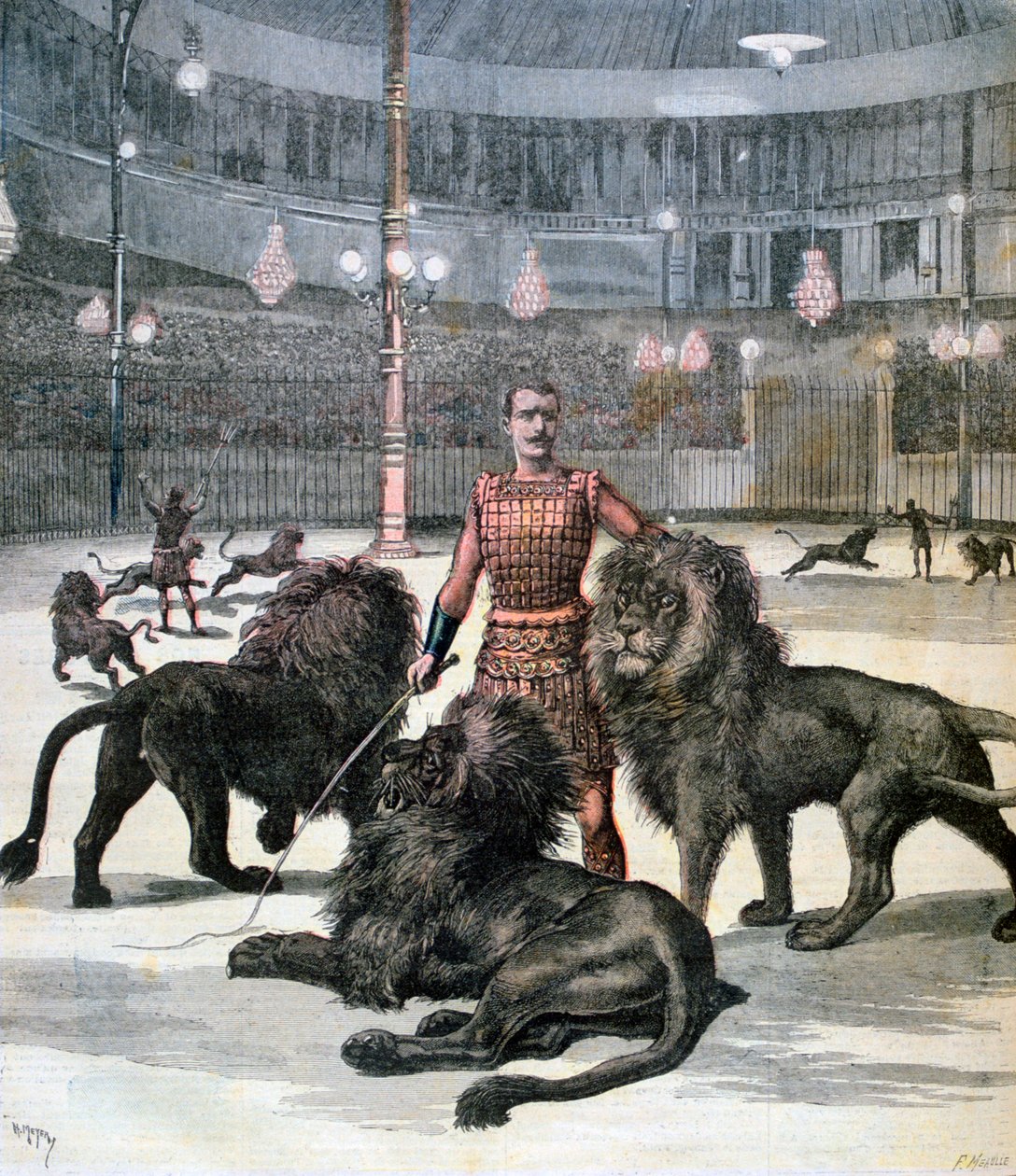 Leijonan kesyttäminen Lhippodromessa, Pariisissa, 1891 tekijältä Henri Meyer