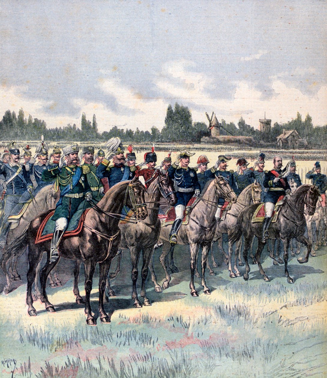 Sotilaallinen katsaus kenraali Saussierin ja ulkomaisten sotilasavustajien kanssa, 14. heinäkuuta 1891. tekijältä Henri Meyer