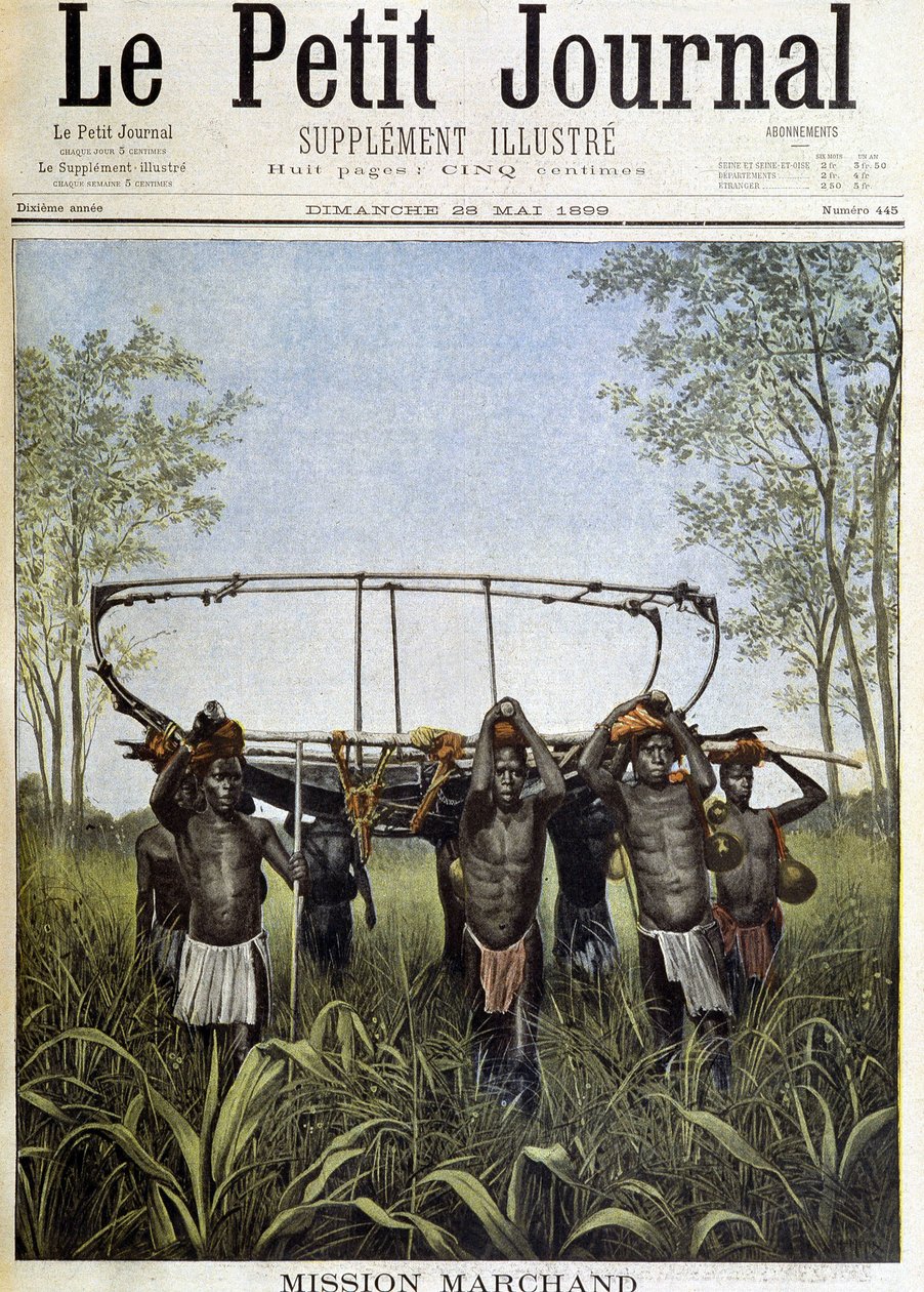 Tehtävä Marchand: pala höyrylaivaa Faidharbea keskitasangon savannilla, matkalla Kongosta Niiliin (piirustus Henri Meyer komentaja Marchandin valokuvasta) - "" Le PetitJournal""" 28.5. 1899 tekijältä Henri Meyer
