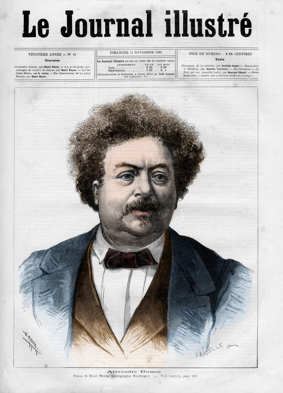 Alexandre Dumas Peren muotokuva (1802-1870) Vuoden 1883 "The Illustrous Journal" -lehden kansisivu - Henri Meyerin (1844-1899) piirustus tekijältä Henri Meyer
