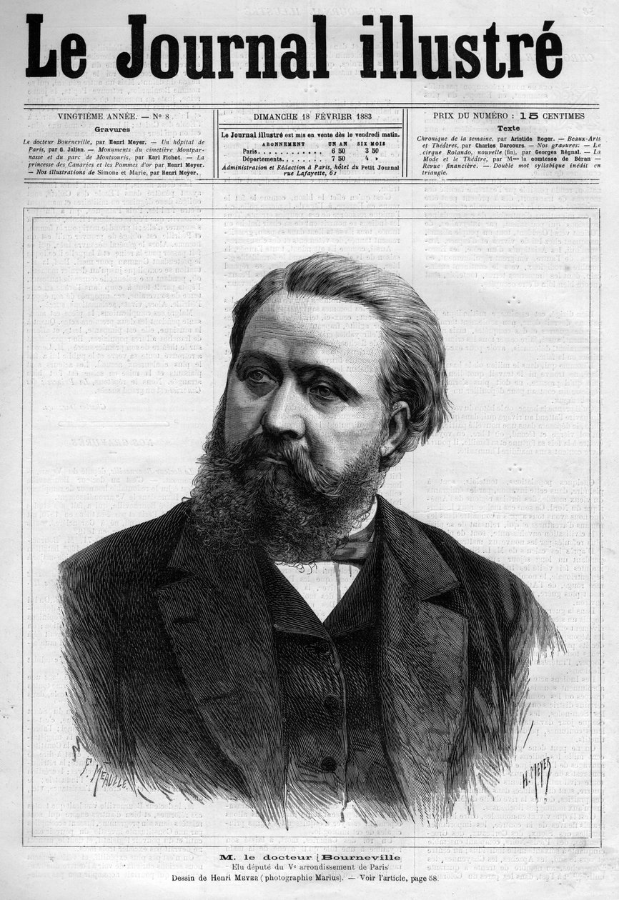 Muotokuva Desire Magloire Bournevillestä (1840-1909), ranskalaisesta neurologista - "" Le Journal illustrious" -lehden kansisivu vuodelta 1883 - Piirustus Henri Meyer (1844-1899) tekijältä Henri Meyer