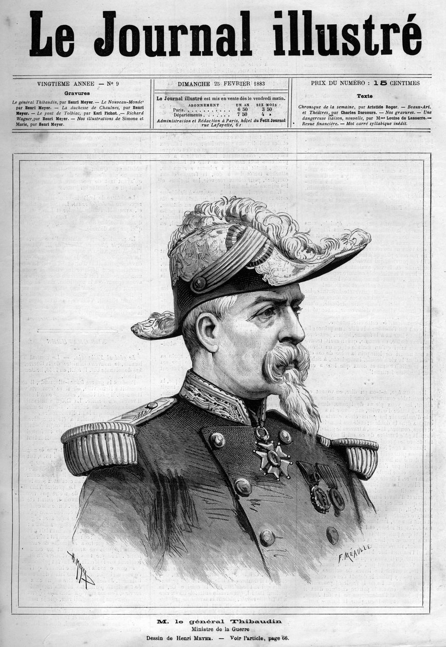 Jean Thibaudinin, ranskalaisen kenraalin ja poliitikon (1822-1905) muotokuva - Vuoden 1883 "The Illustrous Journal" -lehden kansisivu - Henri Meyerin (1844-1899) piirustus tekijältä Henri Meyer