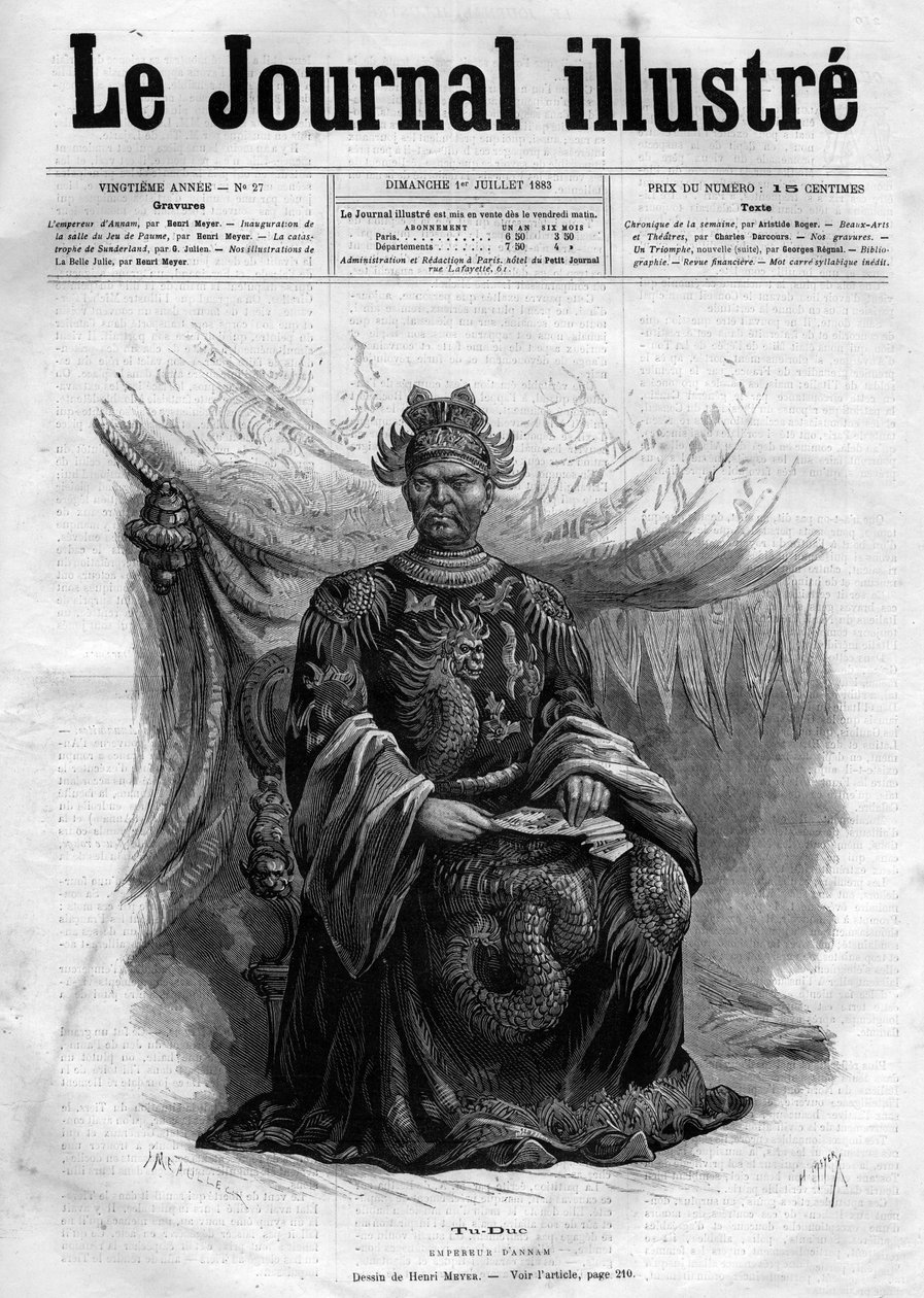 Muotokuva Tu-Ducista (Tu Duc) (1830-1883) Annamin keisarista (1848-1883) - "Kuvallisen päiväkirjan" kansisivu vuodelta 1883 - Piirustus Henri Meyer (1844-1899) tekijältä Henri Meyer