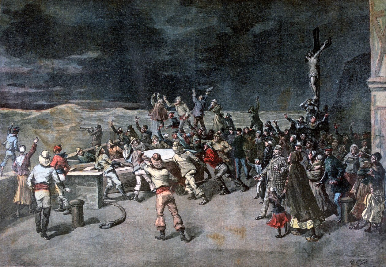 Seitsemäs kohtaus, pelastus, näytelmästä Maitre DArmes, Saint-Martinin satama, 1892 tekijältä Henri Meyer