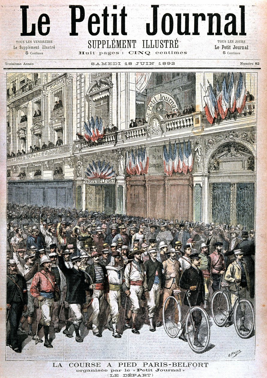 PetitJournalin järjestämään Paris - Belfort -juoksuun osallistuvan yleisön aloitus "" Le petit journal""" 18.6.1892. tekijältä Henri Meyer