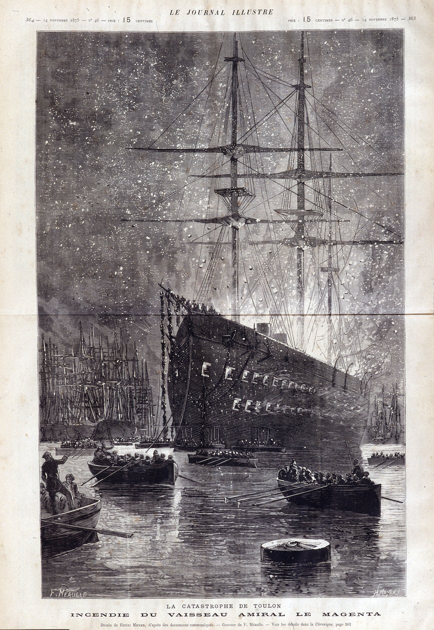Toulonin katastrofi: lippulaivan "" Le Magenta"" tulipalo - elokuvassa "" Le Journal Illustrousse"" 1875 tekijältä Henri Meyer