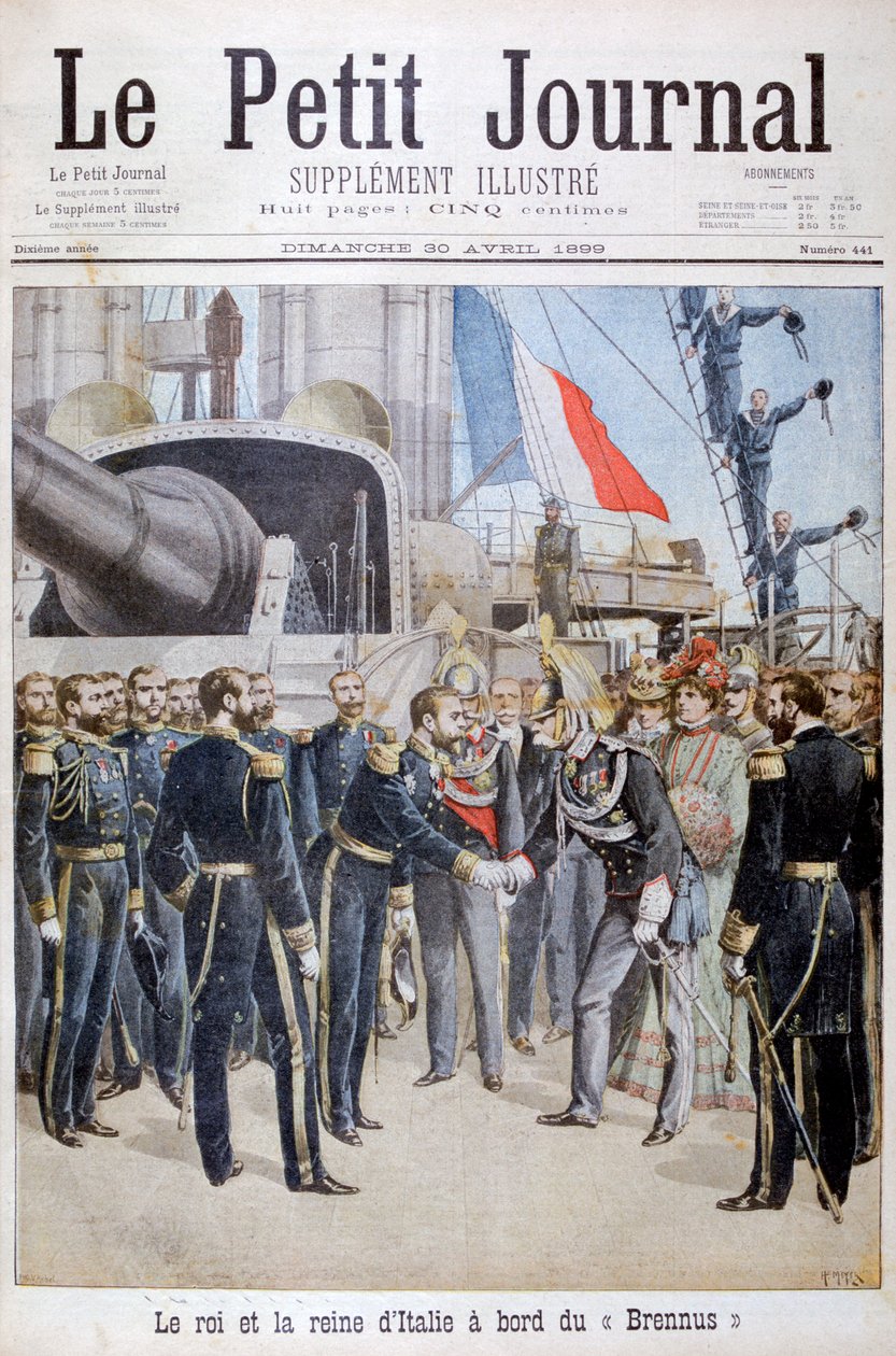 Kuningas Italian kuningatar ranskalaisella taistelulaivalla Brennus, 1899 tekijältä Henri Meyer
