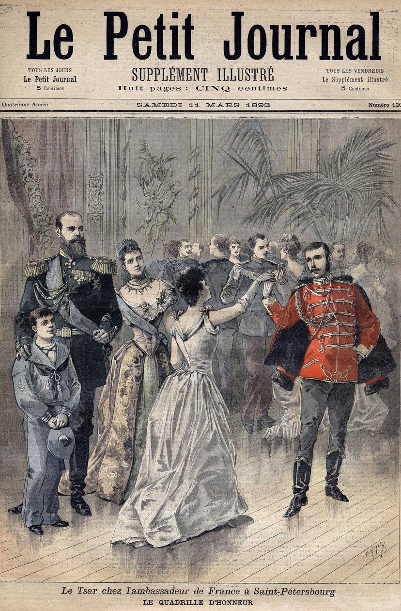 Tsaari Aleksanteri III Ranskan suurlähettilään luona Montebellon kreivi Pietarissa vuonna 1893. Kunniaristikko. Le Petit Journalin 1893 kansi (kaiverrus) tekijältä Henri Meyer