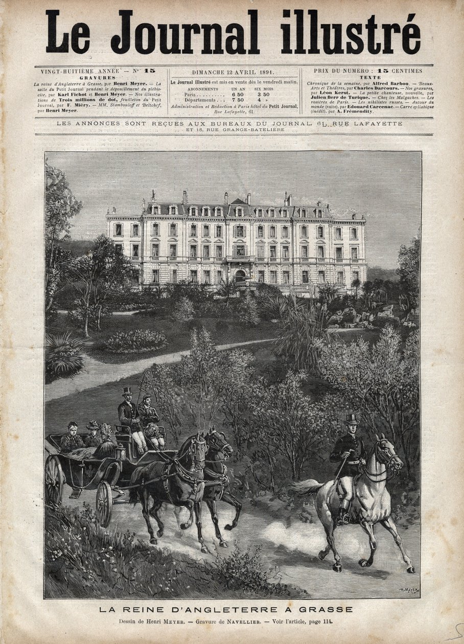 Victoria Englannin kuningatar Ranskassa huhtikuussa 1891: Kävely Grassessa - Kuningatar Victoria a Grasse Ranskassa huhtikuussa 1891 - Vuoden 1891 "The Illustrous Journal" -lehden kansisivu - Henri Meyerin (1844-1899) piirustus tekijältä Henri Meyer