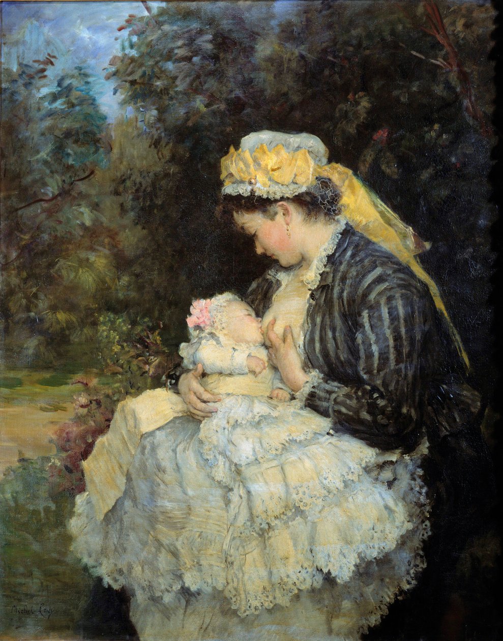 Sairaanhoitaja imettää vauvaa Henri Michel Levyn (1844-1914) maalaus. tekijältä Henri Michel Levy