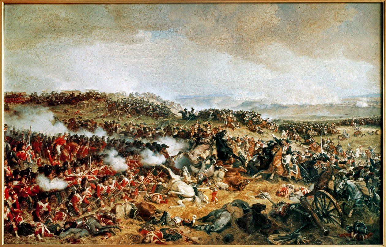 Waterloon taistelu 1815 - Ranskalaiset kuriirimiehet hyökkäävät skotlantilaisia ylänköjä vastaan ... (maalaus kankaalle) tekijältä Henri Philippoteaux