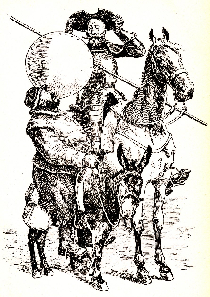 Don Quijote hevosensa selässä, vieressä Sancho aasinsa selässä... tekijältä Henri Pille