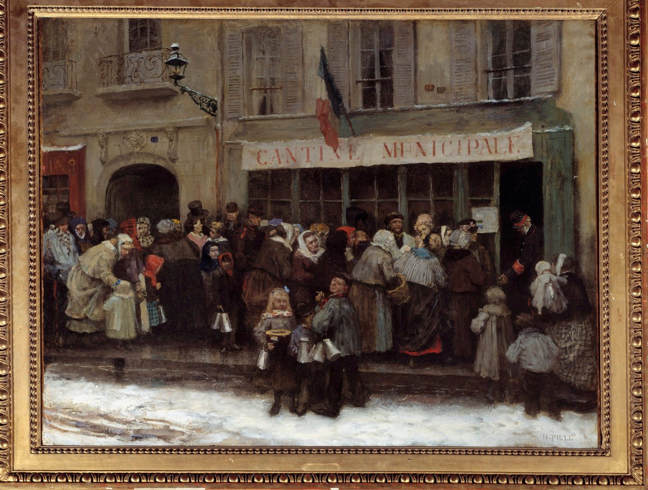 Kunnallinen ruokala Pariisin piirityksen aikana vuonna 1870 Pariisilaiset kuhisevat kunnallisen ruokalan edessä preussilaisten piirittämän kaupungin aikana. Henri Pillen (1844-1897) maalaus tekijältä Henri Pille