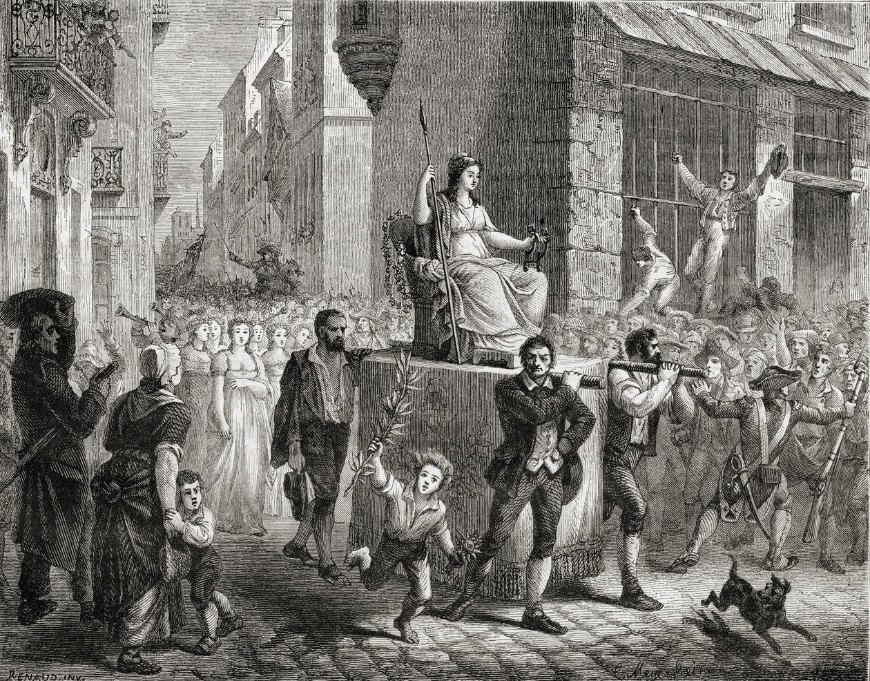 Järjen jumalattaren kulkue, 10. marraskuuta 1793, Louis Blancin (1811-82) "Histoire de la Revolution Francaisesta" kaivertanut Meyer-Heine, 1847-62 tekijältä Henri Renaud