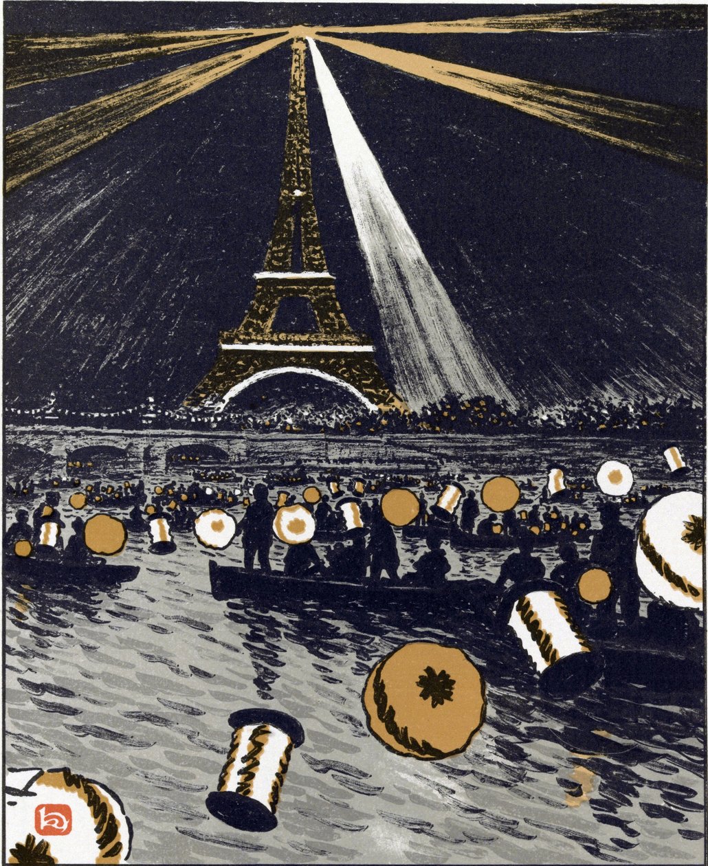 Juhlat Seinen varrella, 14. heinäkuuta (kolmekymmentäkuusi näkymää Eiffel-tornille) tekijältä Henri Rivière