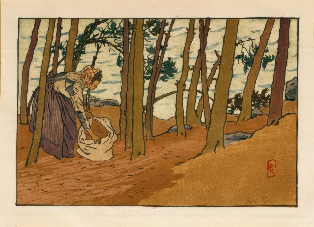 Nainen kerää männyn neuloja (Bords du Trieux, Loguivy) tekijältä Henri Rivière